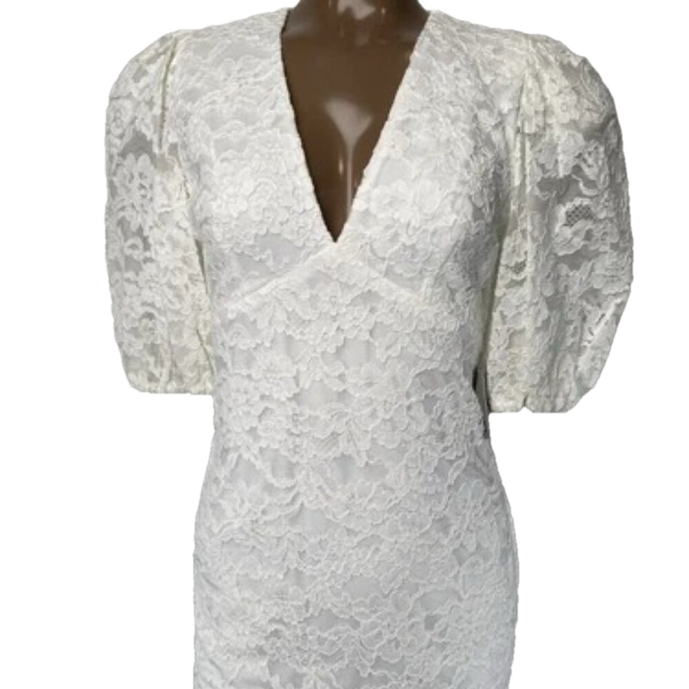 NEW EXPRESS  Dress White Size XS Bridal Lace Puff Sleeve Mini V-Neck Zipper